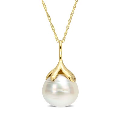 10.0-11.0mm Baroque South Sea Cultured Pearl Leaf Bail Pendant in 14K Gold-17"