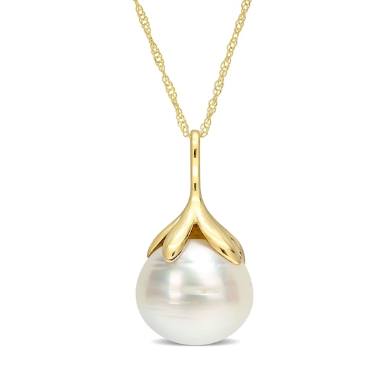 10.0-11.0mm Baroque South Sea Cultured Pearl Leaf Bail Pendant in 14K Gold-17"