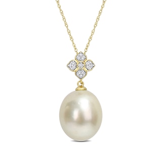 12.0-13.0mm Baroque South Sea Cultured Pearl and 0.065 CT. T.W. Diamond Flower Drop Pendant in 10K Gold-17"