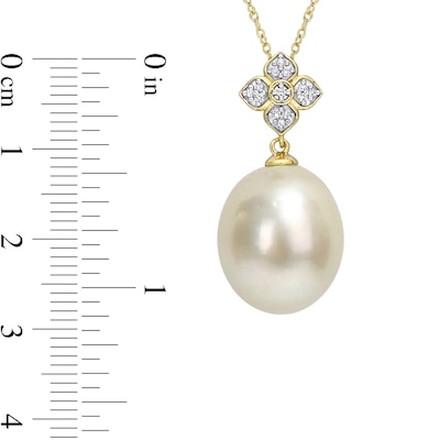 12.0-13.0mm Baroque South Sea Cultured Pearl and 0.065 CT. T.W. Diamond Flower Drop Pendant in 10K Gold-17"