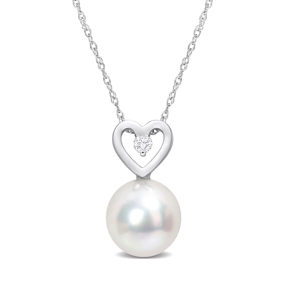 9.5-10.0mm South Sea Cultured Pearl and 0.05 CT. T.W. Diamond Heart Pendant in 10K White Gold-17"