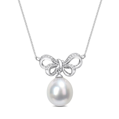 9.5-10.0mm Baroque South Sea Cultured Pearl and 0.05 CT. T.W. Diamond Bow Necklace in 10K White Gold-17"