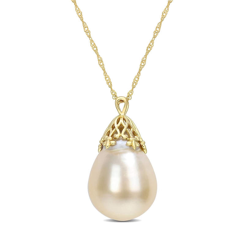 9.0-10.0mm Baroque South Sea Cultured Pearl Fleur-de-Lis Bail Pendant in 14K Gold-17"|Peoples Jewellers