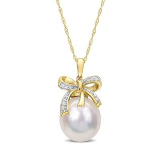 12.0-12.5mm Baroque South Sea Cultured Pearl and 0.08 CT. T.W. Diamond Bow Pendant in 10K Gold-17"