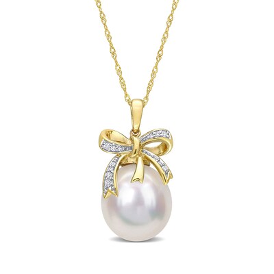 12.0-12.5mm Baroque South Sea Cultured Pearl and 0.08 CT. T.W. Diamond Bow Pendant in 10K Gold-17"