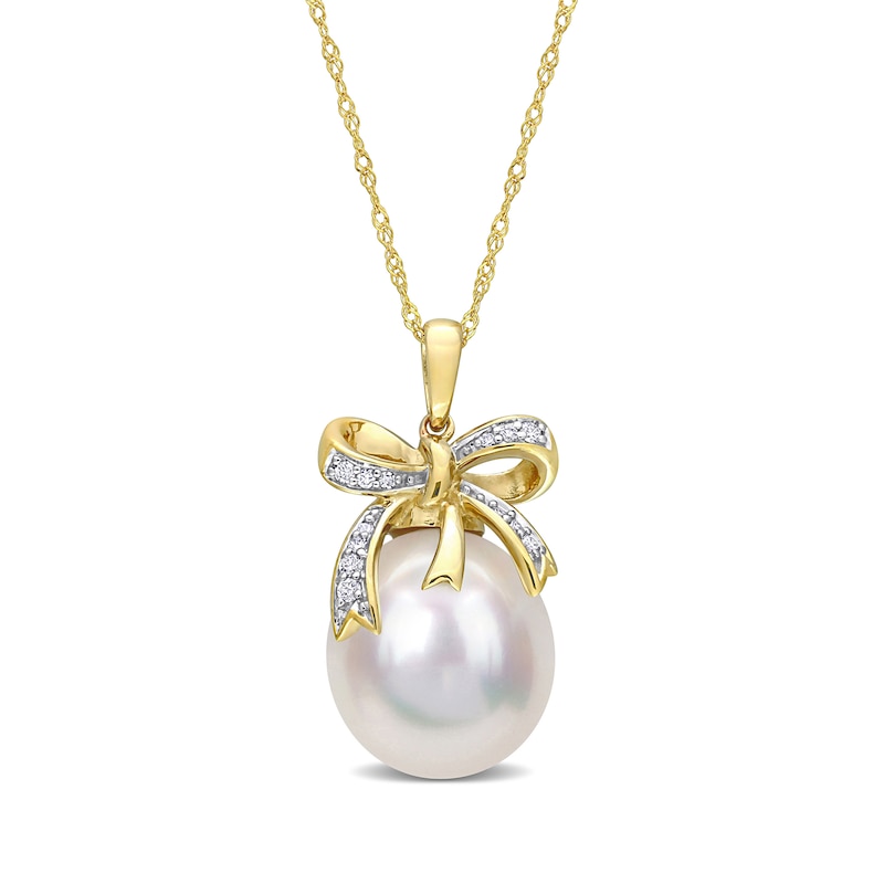 12.0-12.5mm Baroque South Sea Cultured Pearl and 0.08 CT. T.W. Diamond Bow Pendant in 10K Gold-17"