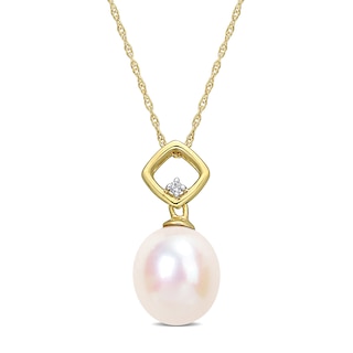 9.0-9.5mm Baroque Freshwater Cultured Pearl and Diamond Accent Square Bail Pendant in 10K Gold-17"