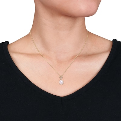 9.0-9.5mm Baroque Freshwater Cultured Pearl and Diamond Accent Square Bail Pendant in 10K Gold-17"