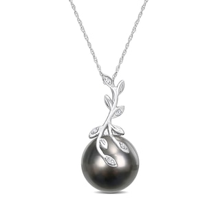 12.0-12.5mm Baroque Black Tahitian Cultured Pearl and Diamond Accent Vine Pendant in 14K White Gold-17"