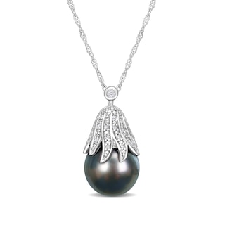 10.0-11.0mm Baroque Black Tahitian Cultured Pearl and 0.06 CT. T.W. Diamond Eggplant Pendant in 14K White Gold-17"