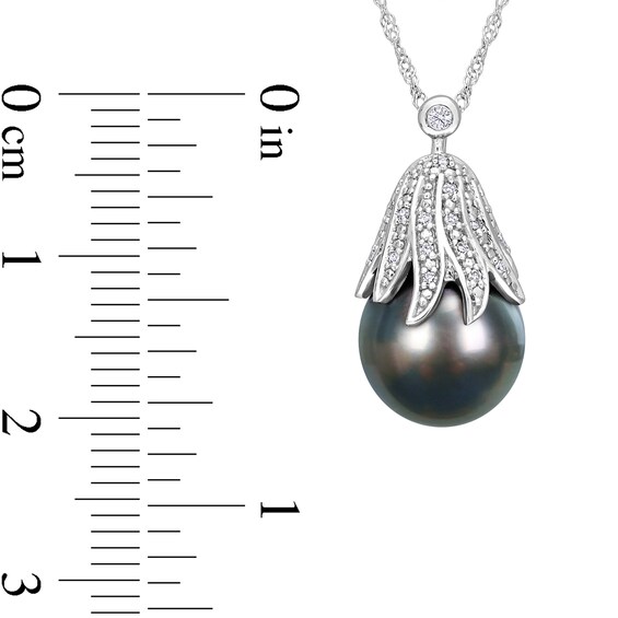 10.0-11.0mm Baroque Black Tahitian Cultured Pearl and 0.06 CT. T.W. Diamond Eggplant Pendant in 14K White Gold-17"