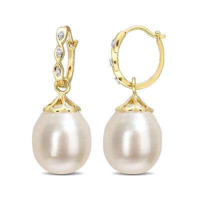 9.0-9.5mm Baroque South Sea Cultured Pearl and Diamond Accent Twist Drop Earrings in 14K Gold