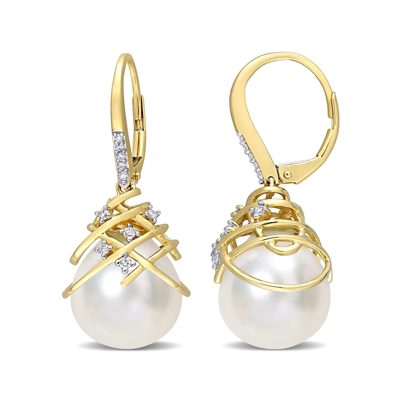 12.0-12.5mm Baroque South Sea Cultured Pearl and 0.15 CT. T.W. Diamond Drop Earrings in 10K Gold|Peoples Jewellers