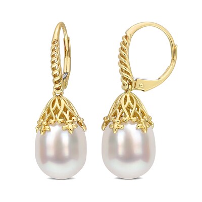 9.0-10.0mm Baroque South Sea Cultured Pearl Ribbed Fleur-de-Lis Bail Drop Earrings in 14K Gold