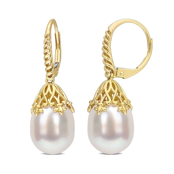 9.0-10.0mm Baroque South Sea Cultured Pearl Ribbed Fleur-de-Lis Bail Drop Earrings in 14K Gold