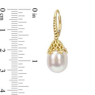 9.0-10.0mm Baroque South Sea Cultured Pearl Ribbed Fleur-de-Lis Bail Drop Earrings in 14K Gold