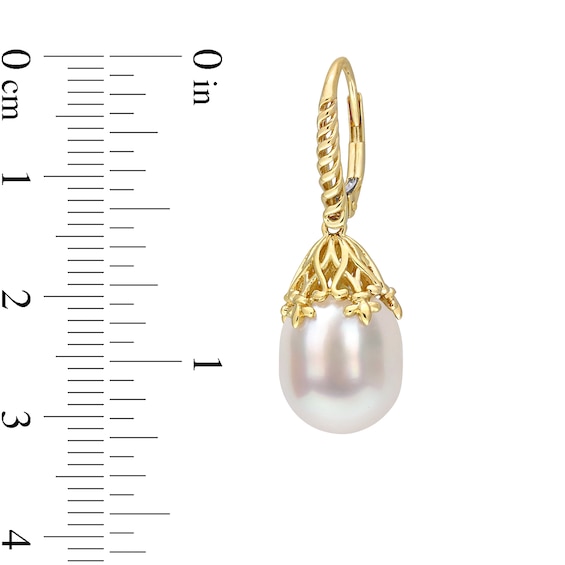 9.0-10.0mm Baroque South Sea Cultured Pearl Ribbed Fleur-de-Lis Bail Drop Earrings in 14K Gold