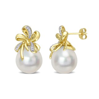 12.0-12.5mm Baroque South Sea Cultured Pearl and 0.09 CT. T.W. Diamond Double Bow Drop Earrings in 10K Gold