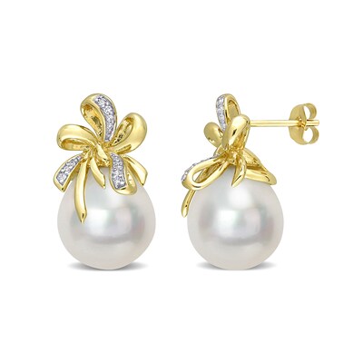 12.0-12.5mm Baroque South Sea Cultured Pearl and 0.09 CT. T.W. Diamond Double Bow Drop Earrings in 10K Gold