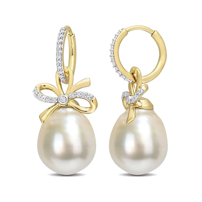 12.0-12.5mm Baroque Golden South Sea Cultured Pearl and 0.22 CT. T.W. Diamond Bow Drop Earrings in 14K Gold