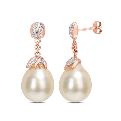 9.0-10.0mm Baroque South Sea Cultured Pearl and 0.14 CT. T.W. Diamond Striped Drop Earrings in 14K Rose Gold