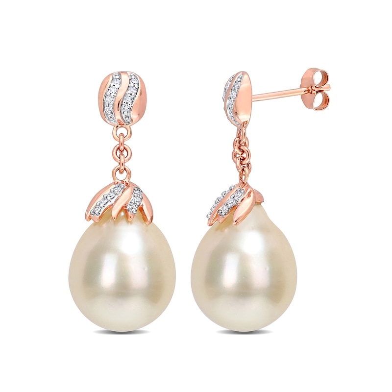 9.0-10.0mm Baroque South Sea Cultured Pearl and 0.14 CT. T.W. Diamond Striped Drop Earrings in 14K Rose Gold|Peoples Jewellers
