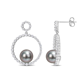 8.5-9.0mm Black Tahitian Cultured Pearl and White Sapphire Double Circle Drop Earrings in 10K White Gold