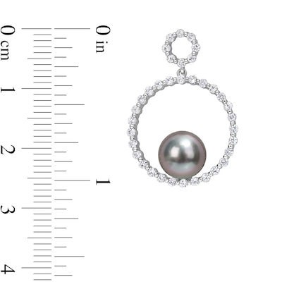 8.5-9.0mm Black Tahitian Cultured Pearl and White Sapphire Double Circle Drop Earrings in 10K White Gold