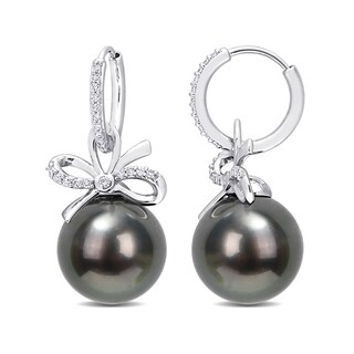 12.0-12.5mm Black Tahitian Cultured Pearl and 0.22 CT. T.W. Diamond Bow Drop Earrings in 14K White Gold