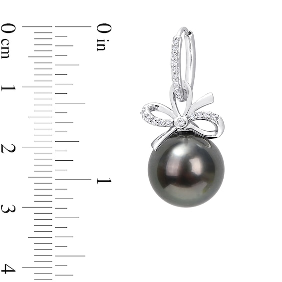 12.0-12.5mm Black Tahitian Cultured Pearl and 0.22 CT. T.W. Diamond Bow Drop Earrings in 14K White Gold