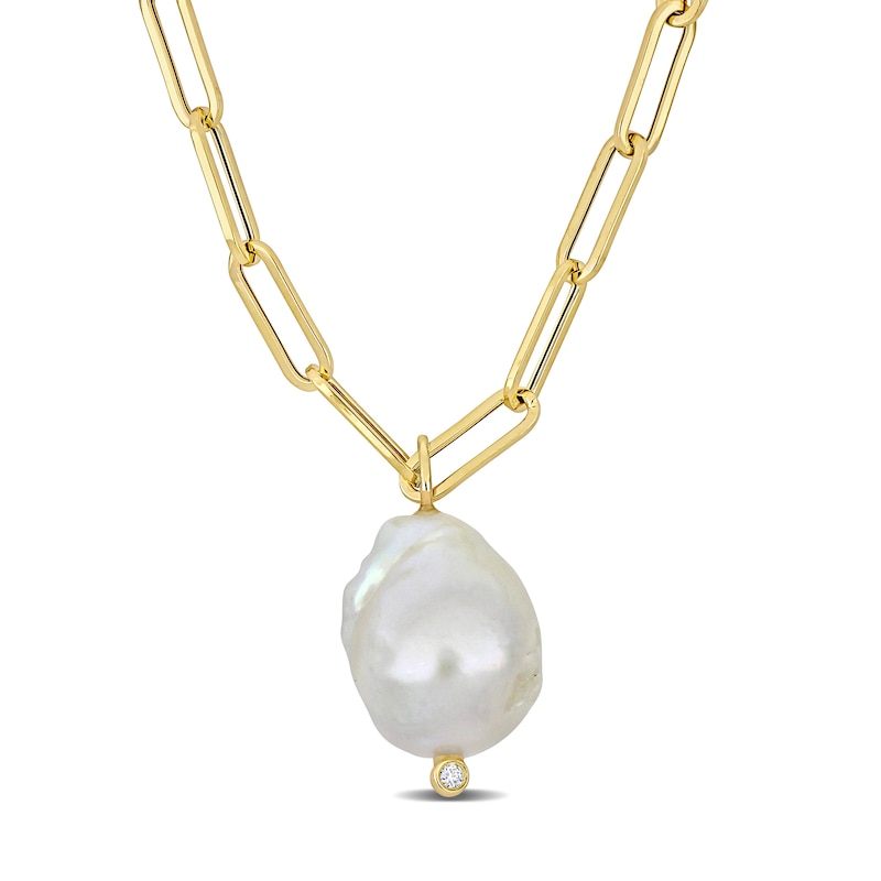 14.5-15.0mm Baroque Freshwater Cultured Pearl and Diamond Accent Paper Clip Link Drop Necklace in 14K Gold
