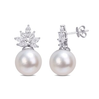 10.5-11.0mm South Sea Cultured Pearl and 1.46 CT. T.W. Marquise Diamond Flower Drop Earrings in 14K White Gold