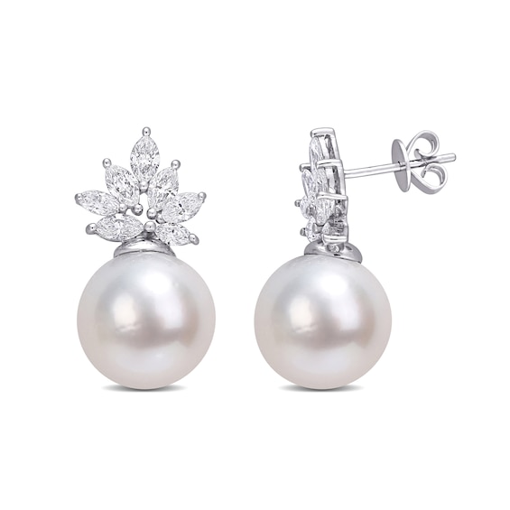 10.5-11.0mm South Sea Cultured Pearl and 1.46 CT. T.W. Marquise Diamond Flower Drop Earrings in 14K White Gold