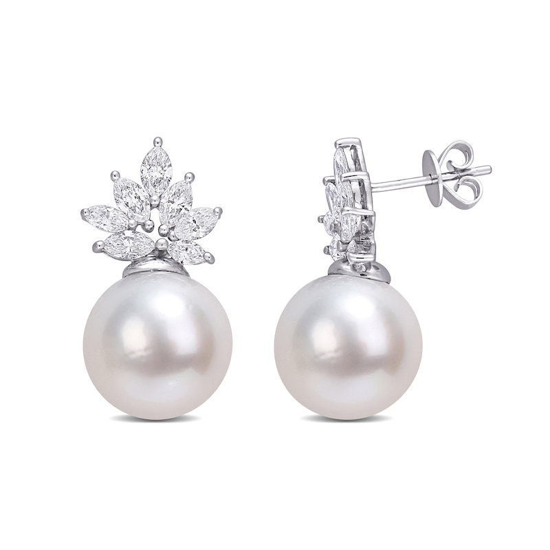 10.5-11.0mm South Sea Cultured Pearl and 1.46 CT. T.W. Marquise Diamond Flower Drop Earrings in 14K White Gold|Peoples Jewellers