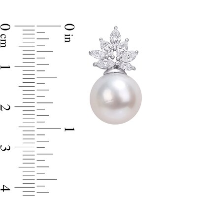 10.5-11.0mm South Sea Cultured Pearl and 1.46 CT. T.W. Marquise Diamond Flower Drop Earrings in 14K White Gold