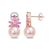 Thumbnail Image 0 of 9.0-9.5mm Pink Freshwater Cultured Pearl, Pink Sapphire, and 0.13 CT. T.W. Diamond Flower Drop Earrings in 14K Rose Gold