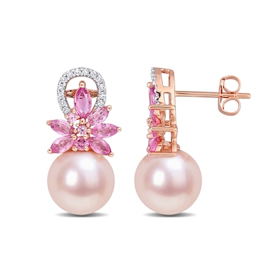 9.0-9.5mm Pink Freshwater Cultured Pearl, Pink Sapphire, and 0.13 CT. T.W. Diamond Flower Drop Earrings in 14K Rose Gold