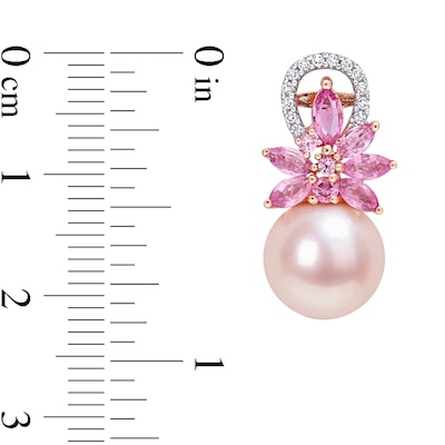 9.0-9.5mm Pink Freshwater Cultured Pearl, Pink Sapphire, and 0.13 CT. T.W. Diamond Flower Drop Earrings in 14K Rose Gold