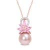 Thumbnail Image 0 of 9.5-10.0mm Pink Freshwater Cultured Pearl, Pink Sapphire, and 0.065 CT. T.W. Diamond Pendant in 14K Rose Gold-17"