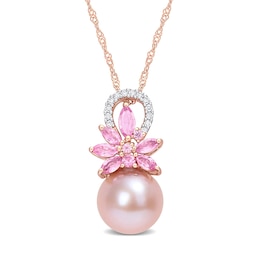 9.5-10.0mm Pink Freshwater Cultured Pearl, Pink Sapphire, and 0.065 CT. T.W. Diamond Pendant in 14K Rose Gold-17&quot;