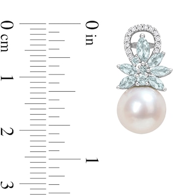 9.0-9.5mm Freshwater Cultured Pearl, Aquamarine, and 0.13 CT. T.W. Diamond Flower Drop Earrings in 14K White Gold