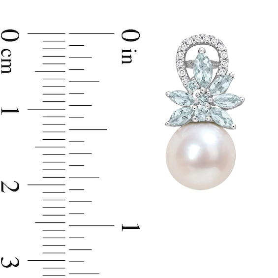 9.0-9.5mm Freshwater Cultured Pearl, Aquamarine, and 0.13 CT. T.W. Diamond Flower Drop Earrings in 14K White Gold