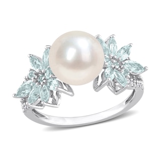 9.0-9.5mm Freshwater Cultured Pearl, Aquamarine, and 0.13 CT. T.W. Diamond Flower Ring in 14K White Gold