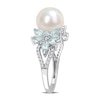 Thumbnail Image 2 of 9.0-9.5mm Freshwater Cultured Pearl, Aquamarine, and 0.13 CT. T.W. Diamond Flower Ring in 14K White Gold