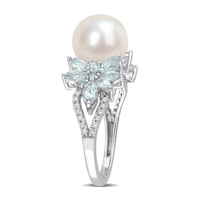 9.0-9.5mm Freshwater Cultured Pearl, Aquamarine, and 0.13 CT. T.W. Diamond Flower Ring in 14K White Gold