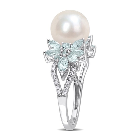 9.0-9.5mm Freshwater Cultured Pearl, Aquamarine, and 0.13 CT. T.W. Diamond Flower Ring in 14K White Gold