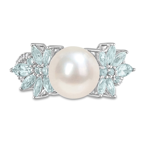 9.0-9.5mm Freshwater Cultured Pearl, Aquamarine, and 0.13 CT. T.W. Diamond Flower Ring in 14K White Gold