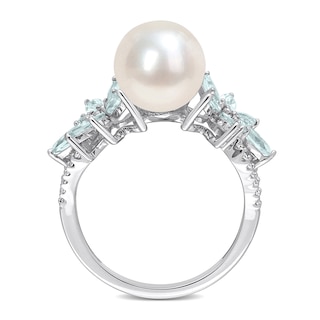 9.0-9.5mm Freshwater Cultured Pearl, Aquamarine, and 0.13 CT. T.W. Diamond Flower Ring in 14K White Gold