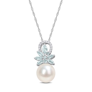 9.5-10.0mm Freshwater Cultured Pearl, Aquamarine, and 0.065 CT. T.W. Diamond Flower Pendant in 14K White Gold-17"