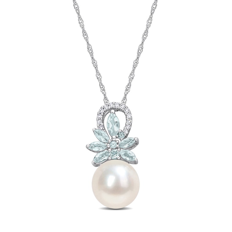 9.5-10.0mm Freshwater Cultured Pearl, Aquamarine, and 0.065 CT. T.W. Diamond Flower Pendant in 14K White Gold-17"|Peoples Jewellers